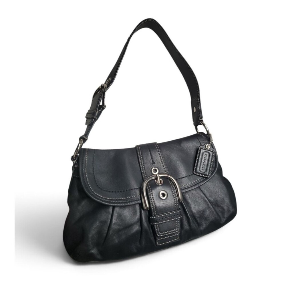 Vintage Coach Soho Pleated Leather Flap Shoulder Bag Black Buckle Y2K F15204